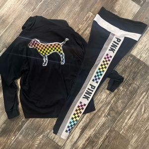 RARE Victoria Secret Rainbow Checkered leggings & lightweight hoodie set sz LG